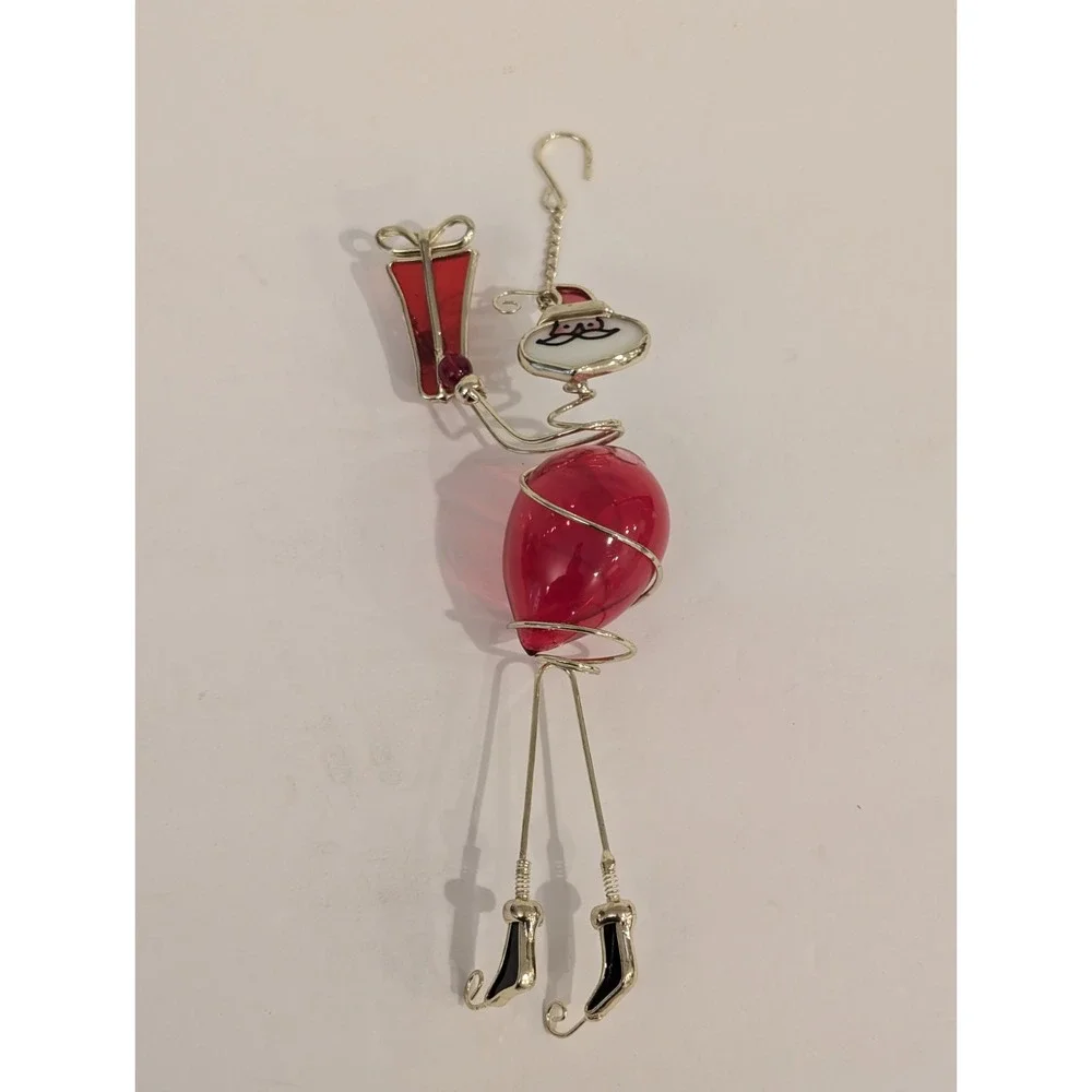 Wire Wrapped Stained Glass Hanging Santa Ornament Decor Acrylic Gold Tone 10